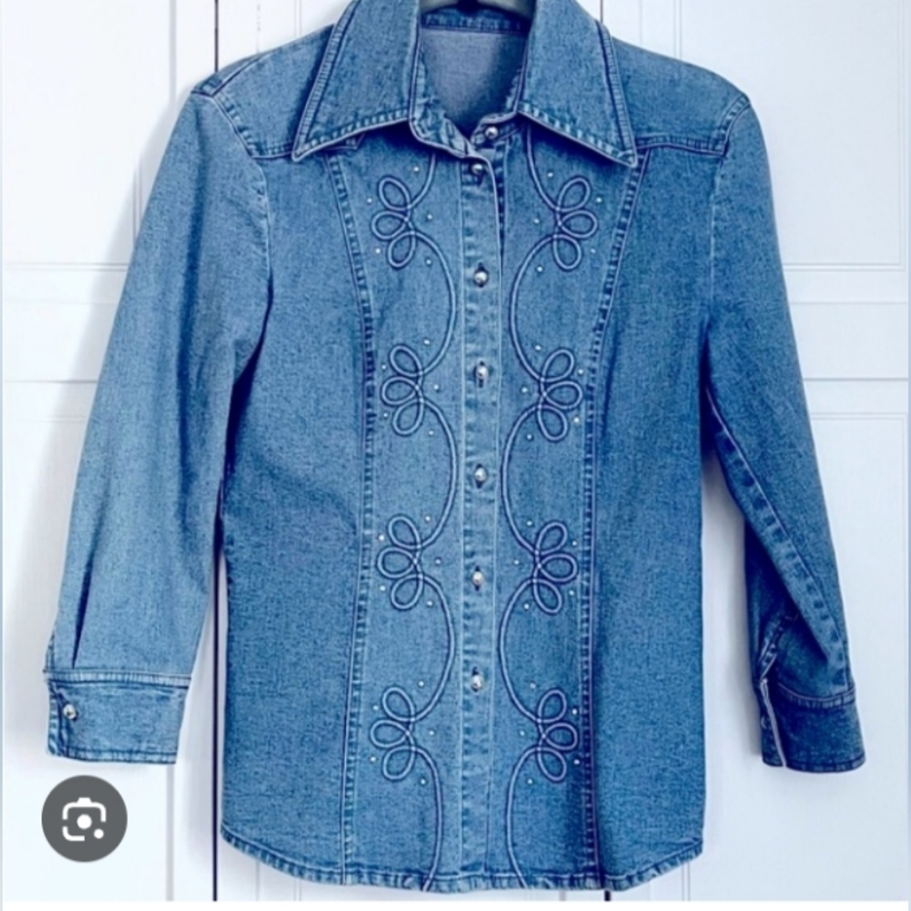 Escada, Vintage,90's Denim, Rhinestone, Button Down,Shirt, Size 42